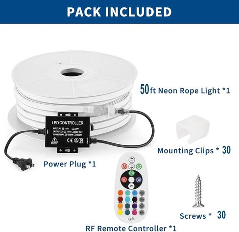 FORT AC110V 120V LED RGB Neon Rope Lights, 50FT Linkable Light Strip,144 led/M IP67 Waterproof, Multicolor Neon Strip Lighting with Remote Controller for Indoor Outdoor Home Commercial Decor ETL FCC in Saudi Arabia