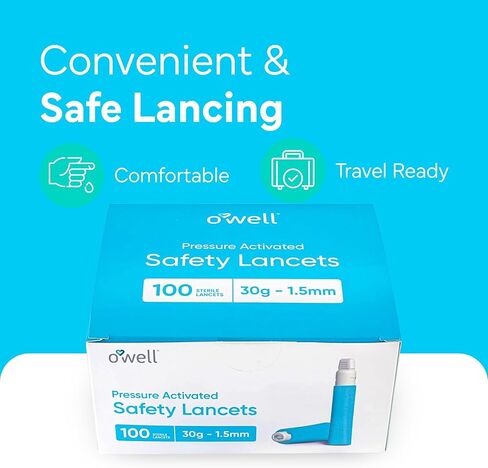 مشارط أمان يمكن التخلص منها لاختبار مرض السكري - 23 جم × 2.2 مم، إبر معقمة محملة مسبقًا - مشارط كيتو ومشارط مرضى السكري مع غطاء ملتوي لسهولة اختبار الدم في أي مكان بواسطة OWELL، 100 قيراط. in Kuwait