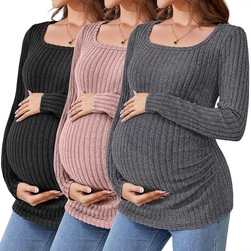 Ficerd 3 Pack Women's Maternity Tops, Long Sleeve Pregnancy Sweaters Scoop Neck Ribbed Knit Casual Pregnant Tee Shirts in Kuwait