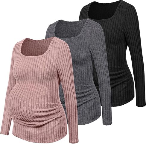 Ficerd 3 Pack Women's Maternity Tops, Long Sleeve Pregnancy Sweaters Scoop Neck Ribbed Knit Casual Pregnant Tee Shirts in Kuwait