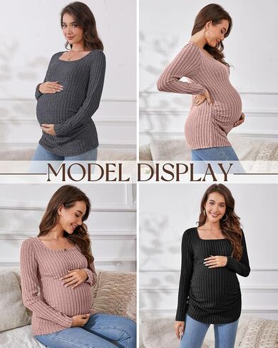 Ficerd 3 Pack Women's Maternity Tops, Long Sleeve Pregnancy Sweaters Scoop Neck Ribbed Knit Casual Pregnant Tee Shirts in Kuwait