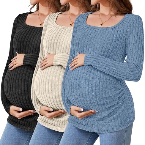 Ficerd 3 Pack Women's Maternity Tops, Long Sleeve Pregnancy Sweaters Scoop Neck Ribbed Knit Casual Pregnant Tee Shirts in Kuwait