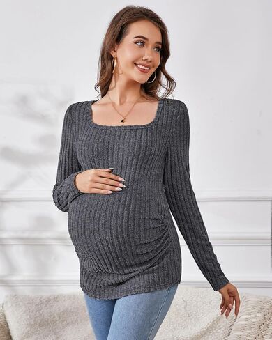 Ficerd 3 Pack Women's Maternity Tops, Long Sleeve Pregnancy Sweaters Scoop Neck Ribbed Knit Casual Pregnant Tee Shirts in Kuwait
