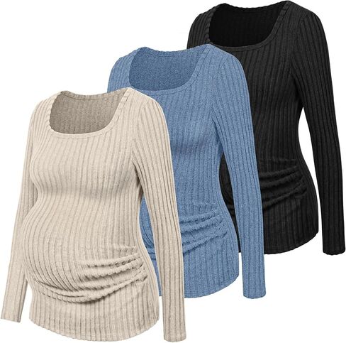 Ficerd 3 Pack Women's Maternity Tops, Long Sleeve Pregnancy Sweaters Scoop Neck Ribbed Knit Casual Pregnant Tee Shirts in Kuwait