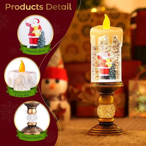 شمعة عيد الميلاد سنو غلوب فانوس عديم اللهب مع أضواء LED لامعة دوارة، تعمل بالبطارية وUSB، تصميم شجرة عيد الميلاد سانتا، هدية رائعة لتزيين منزل عيد الميلاد in Saudi Arabia