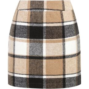 IDEALSANXUN Womens Wool Plaid Mini Skirt Fall Winter High Elastic Waist Short Pencil Skirt