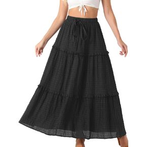 Allegra K Women's Long Skirts Boho High Waist Elastic Pleated Flowy Ruffle Tiered A Line Summer Beach Maxi Skirt