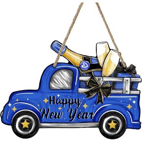 Deroro Happy New Year 2025 Black Gold Truck Front Door Sign, Merry Christmas Champagne Wood Door Hanger Outdoor Outside Porch Decor, Xmas Holiday Party Wooden Wreath Indoor Wall Hanging Decoration