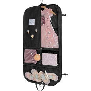 Univivi Black Dance Costume Bags Garment Bag 40 Inch for Dance Competitions, 3 Medium Clear Zipper Pockets and 2 Back Zippered Pocket, with 1 xPendant, 3 x Badge