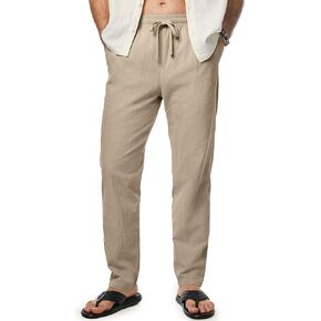 JMIERR Mens Cotton Pants Casual Elastic Waist Drawstring Lightweight Summer Beach Trousers with Pockets