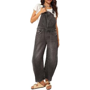 Women Barrel Overalls Casual Denim Jumpsuits Loose Baggy Sleeveless Bib Jeans Pants Jumpers with Pockets in Kuwait