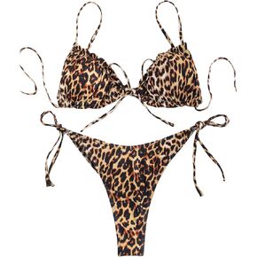 OYOANGLE Women's 2 Piece Bikini Sets Leopard Print Spaghetti Strap Tie Side Bathing Suit Swimsuit Swimwear