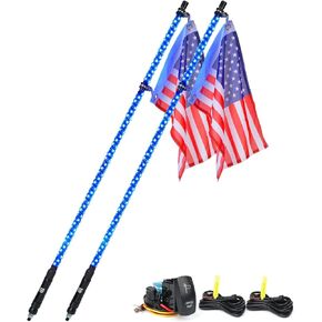 Xprite 4FT Blue LED Spiral Whip Lights, 2PCS Safety Warning Flexible Whips Pole Lighted Antenna w/U.S. Flag for Side by Side Buggy Dunes Off-Road UTV ATV Yamaha Polaris RZR Can-Am 4X4 Trophy Trucks
