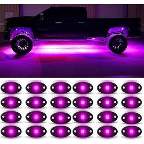 Purple Pink Rock Light 24pods 6000k Pure Purple Led Rocks Lights kit Ip68 Waterproof 47inch Extension Wires for ATV Rv Utv SUV Offroad Pickup Trucks Golf Boat Cars Fender Underglow Lighting