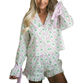 Women Holiday Party Pajamas Cute Satin Silk PJs 2 Piece Outfits Long Sleeve Button Down Shirt Lounge Shorts Sets in Saudi Arabia