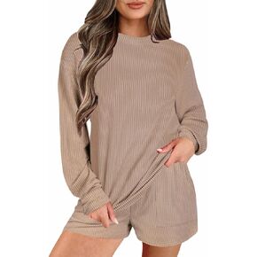 Christmas Pajamas for Women Ribbed Long Sleeve Top and Shorts Matching Lounge Set Loungewear Sweatsuit with Pockets