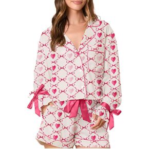 Women Holiday Party Pajamas Cute Satin Silk PJs 2 Piece Outfits Long Sleeve Button Down Shirt Lounge Shorts Sets