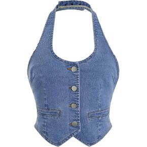 MakeMeChic Women's Denim Vest Halter Button Down Sleeveless Backless Y2K Jean Crop Top