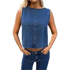MakeMeChic Women's Round Neck Sleeveless Denim Vest Zipper Back Loose Fit Crop Top