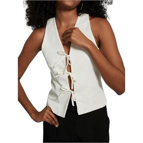 MakeMeChic Women's Y2K Vest Top V Neck Tie Front Sleeveless Cropped Vest Tank Top