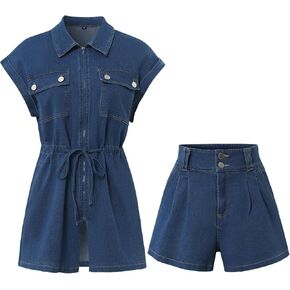 Women's Cap Sleeve Summer Denim Vest 2-piece V-neck Vest And High-Waisted Shorts Set (Standard, blue, large)