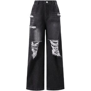 Floerns Girl's Elastic Waist Ripped Long Jeans Wide Leg Y2K Streetwear Denim Pants