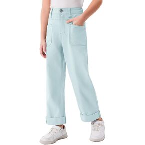 Haloumoning Girls Wide Leg Jeans Kids Fashion Elastic Waist Denim Pants with Pockets 5-14 Years