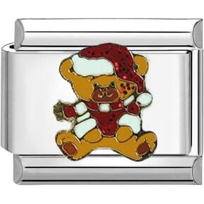 UNY JEWEL Festive Teddy Bear Italian Charm 9mm Stainless Steel Link - Enamel Holiday Design Modular Charm Bracelet Link