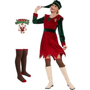 Elf Costume for Women jovi Christmas Elf Dress Set with Brooch and Stocking for Xmas Fancy Outfit Party