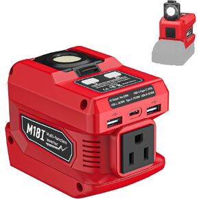 220W Power Inverter for Milwaukee 18V Battery, DC 18V to AC 110V Portable Power Station with 1 AC Outlet, 2 USB Ports & 1 Type-C Fast Charging, 400LM LED Work Light