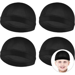 4Pcs Skull Caps Helmet Liner, Sweat Wicking Cap Running Hats, Elastic Band Wave Caps, Cycling Running Hat for Men Women, Wave Cap Satin Silk Hair Bonnet for Sleep Black