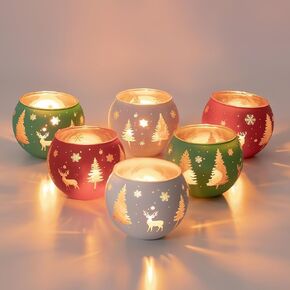 Romadedi Votive Candle Holder for Christmas Decor Set of 6 Colorfull Tealight Holders Glass Tea Light Coffee Dinner Table Centerpiece Xmas Decoration Home Party Holiday