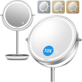 8" Large Lighted Makeup Mirror, Rechargeable 1X/10X Magnifying Mirror with 3 Touch Dimmable Colors, Double Sided Vanity Mirror with Stand, 360° Rotation Tabletop for Bedroom, Gift for Women