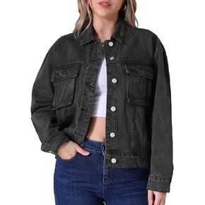 Women's Oversized Denim Jacket Button Down Long Sleeve Vintage Washed Cargo Pockets Jean Jackets