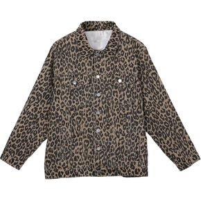 Women’s Leopard Print Denim Jacket Cheetah Print Denim Bomber Jacket Button-up Front Animal Print Tops