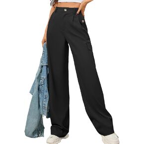 AusLook Women's Wide Leg Dress Pants with Pockets Lightweight High Waisted Adjustable Tie Knot Loose Lounge Trousers