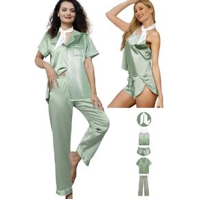 5Pcs Womens Silk Pajamas Set Sexy Cami Shorts Pj Sets Lingerie Satin Pajama Sets Loungewear Pjs Silky Sleepwear