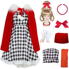 7PCS Cindy Lou Who Costume Kids Girls Christmas Costume Cindy Dress Cape Wig Christmas Elf Outfit Accessories
