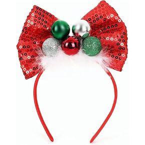 Christmas Bow Headband Red Sequins Hair Bands Big Bow Headpiece with Christmas Balls Design Christmas Hair Accessories for Women Girls Xmas New Year Holiday Party Supplies