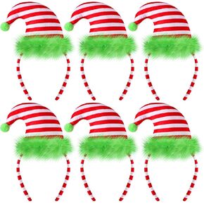 6 Pcs Christmas Headbands Green Furry Christmas Hat Headband Xmas Elf Stripe Headbands Costume Accessories Christmas Party Supplies Cosplay Favors Women Men
