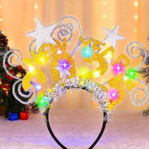 JONKY New Years Eve Headband Light Up 2025 Crown Headpiece Glitter Hair Bands Christmas Party Favors Led NYE Hair Accessory for Women