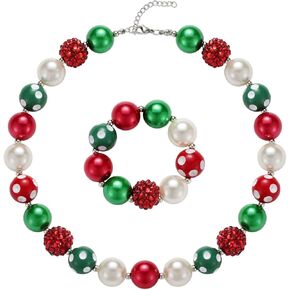 Vinjewelry Christmas Bubblegum Chunky Bead Necklace & Bracelet Set Gifts for Little Girls