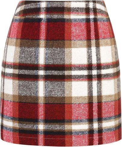 IDEALSANXUN Womens Wool Plaid Mini Skirt Fall Winter High Elastic Waist Short Pencil Skirt in Saudi Arabia