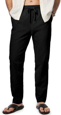JMIERR Mens Cotton Pants Casual Elastic Waist Drawstring Lightweight Summer Beach Trousers with Pockets in Kuwait