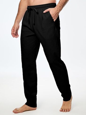JMIERR Mens Cotton Pants Casual Elastic Waist Drawstring Lightweight Summer Beach Trousers with Pockets in Kuwait