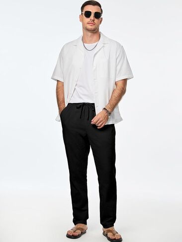 JMIERR Mens Cotton Pants Casual Elastic Waist Drawstring Lightweight Summer Beach Trousers with Pockets in Kuwait