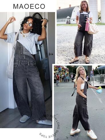 Women Barrel Overalls Casual Denim Jumpsuits Loose Baggy Sleeveless Bib Jeans Pants Jumpers with Pockets in Kuwait