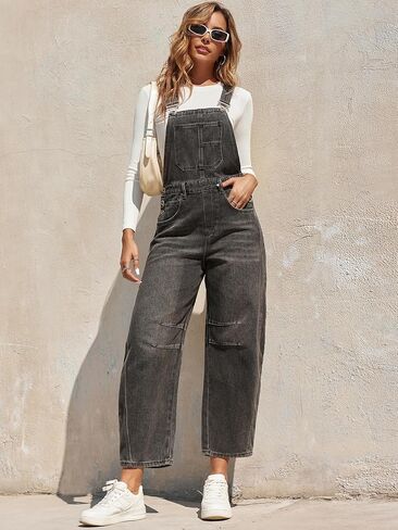 Women Barrel Overalls Casual Denim Jumpsuits Loose Baggy Sleeveless Bib Jeans Pants Jumpers with Pockets in Kuwait