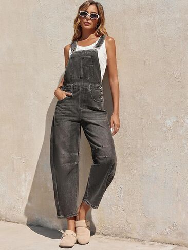 Women Barrel Overalls Casual Denim Jumpsuits Loose Baggy Sleeveless Bib Jeans Pants Jumpers with Pockets in Kuwait