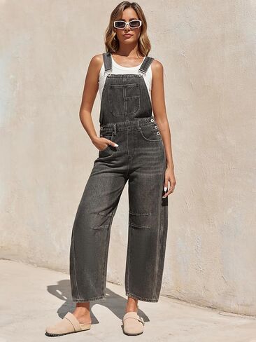 Women Barrel Overalls Casual Denim Jumpsuits Loose Baggy Sleeveless Bib Jeans Pants Jumpers with Pockets in Kuwait